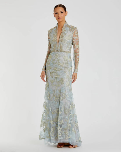 Mac Duggal Blue Queen Anne Lace Long Sleeve V-Neck Trumpet Gown