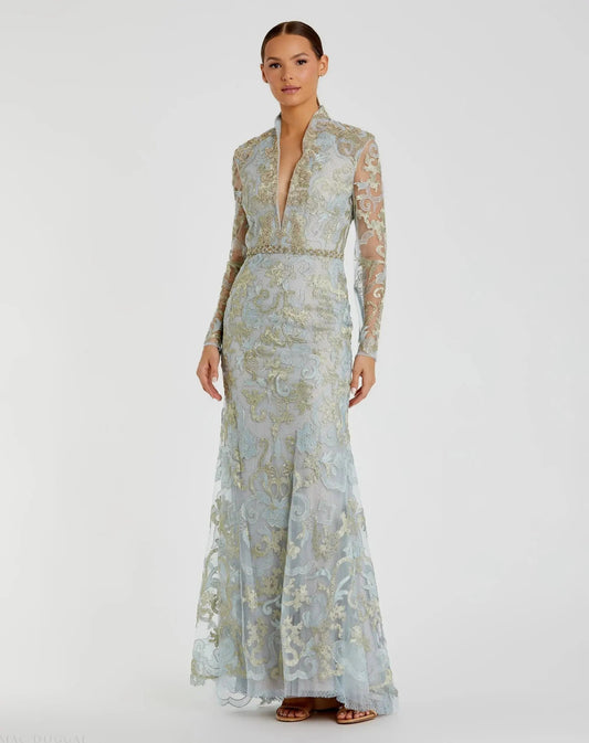 Mac Duggal Blue Queen Anne Lace Long Sleeve V-Neck Trumpet Gown