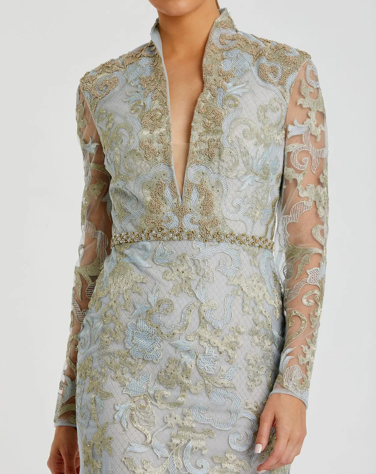 Mac Duggal Blue Queen Anne Lace Long Sleeve V-Neck Trumpet Gown