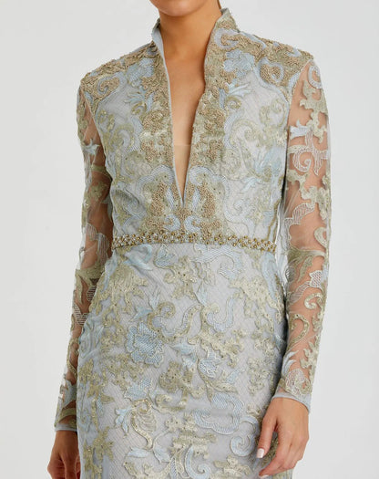 Mac Duggal Blue Queen Anne Lace Long Sleeve V-Neck Trumpet Gown