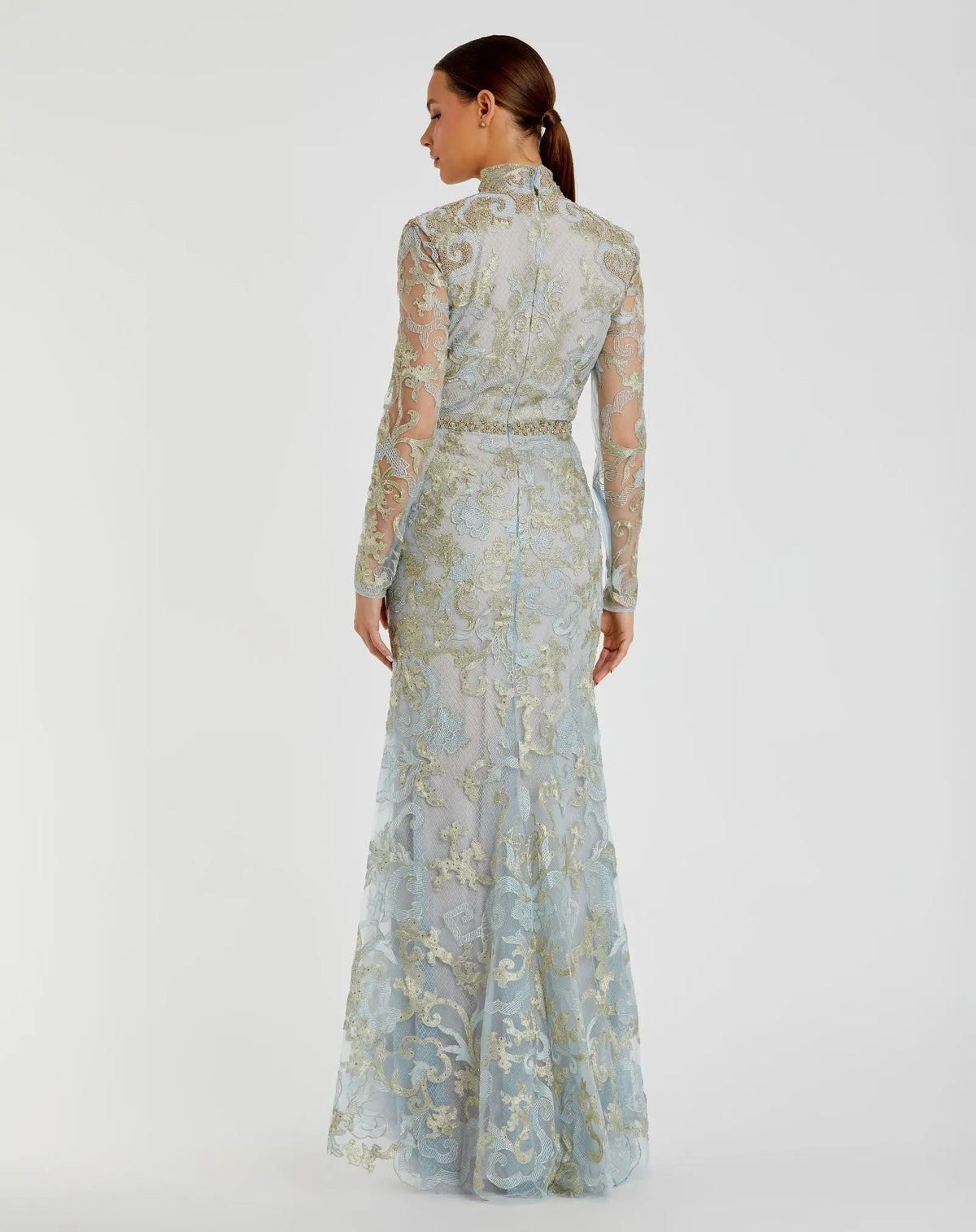 Mac Duggal Blue Queen Anne Lace Long Sleeve V-Neck Trumpet Gown
