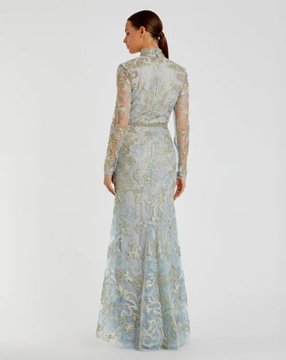 Mac Duggal Blue Queen Anne Lace Long Sleeve V-Neck Trumpet Gown