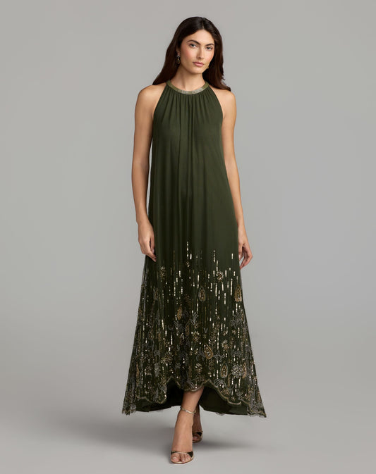 Mac Duggal Olive Green Sleeveless Embellished Scallop Hem Trapeze Dress