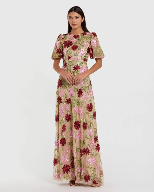 Mac Duggal Beige Floral Beaded Mesh Puff Sleeve Gown Duggal