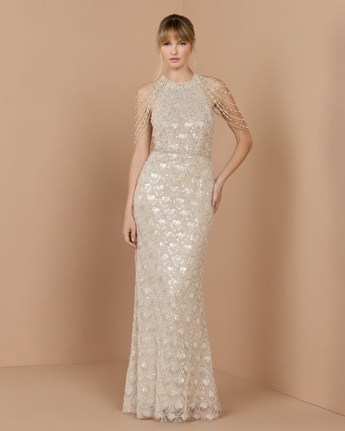 Mac Duggal Ivory Draped Pearl Embellished Column Gown