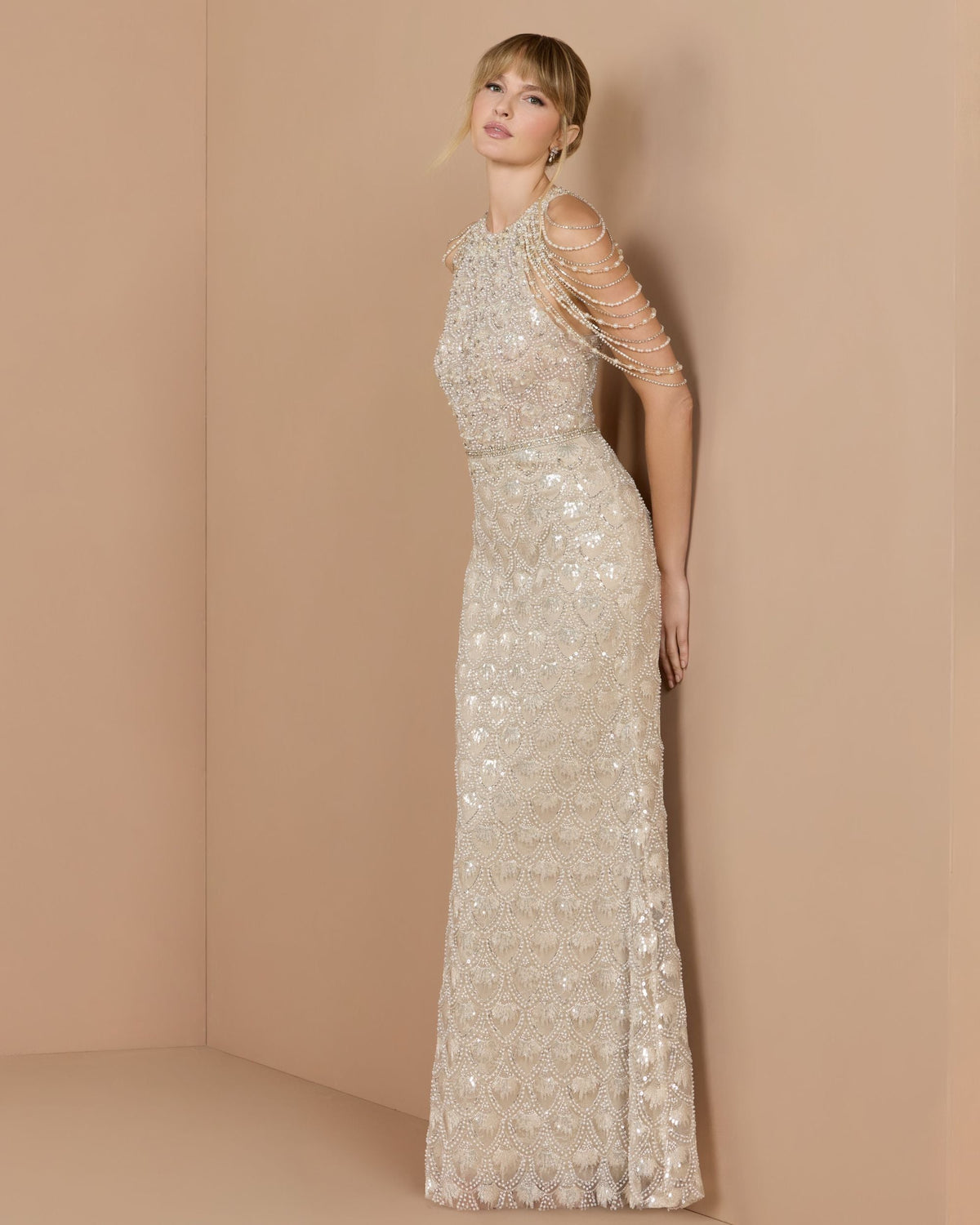 Mac Duggal Ivory Draped Pearl Embellished Column Gown