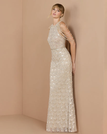 Mac Duggal Ivory Draped Pearl Embellished Column Gown