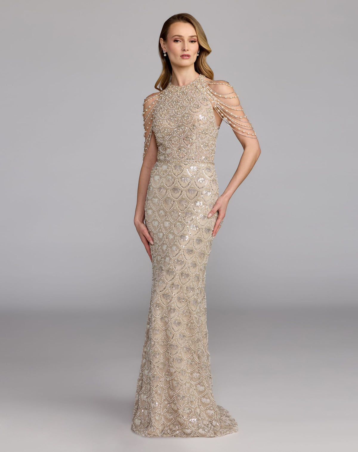 Mac Duggal Ivory Draped Pearl Embellished Column Gown