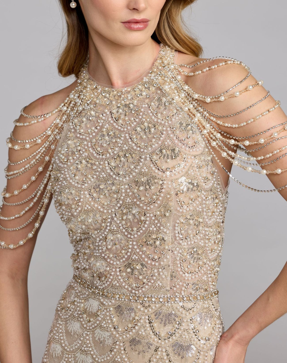 Mac Duggal Ivory Draped Pearl Embellished Column Gown