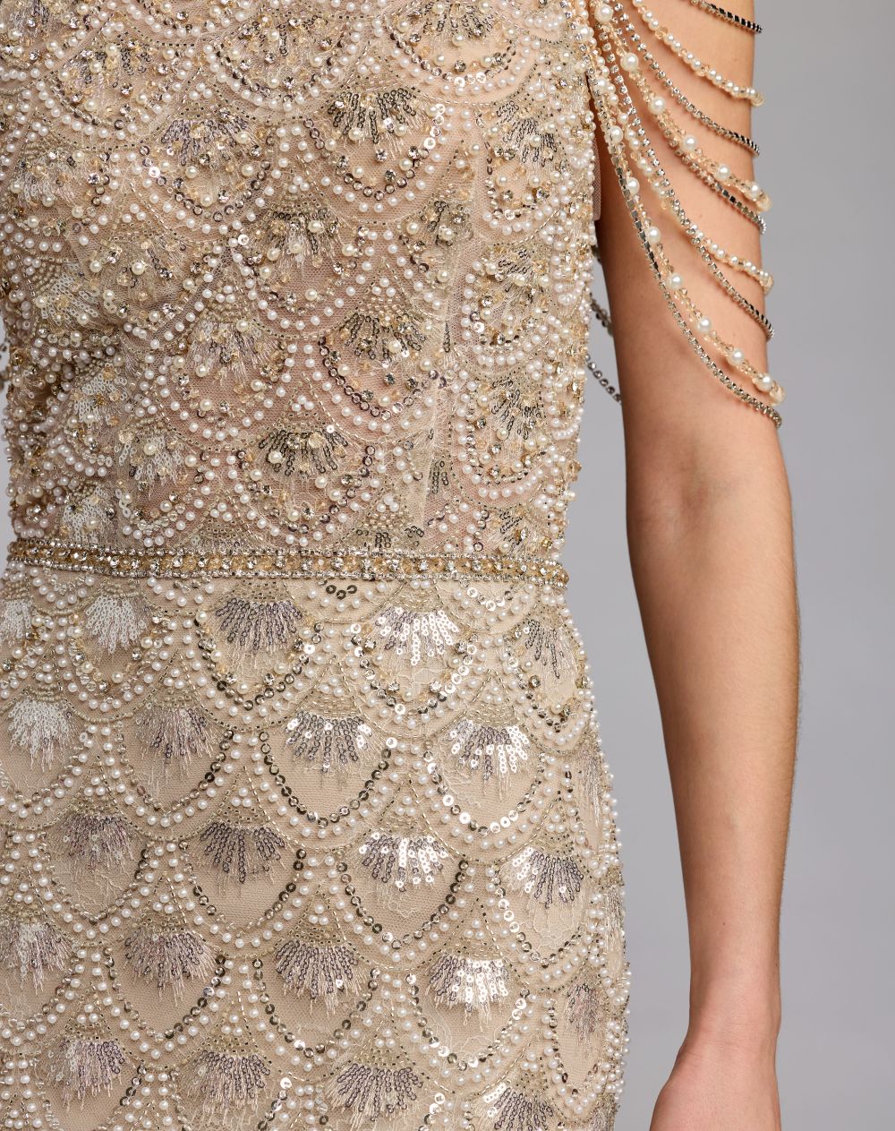 Mac Duggal Ivory Draped Pearl Embellished Column Gown