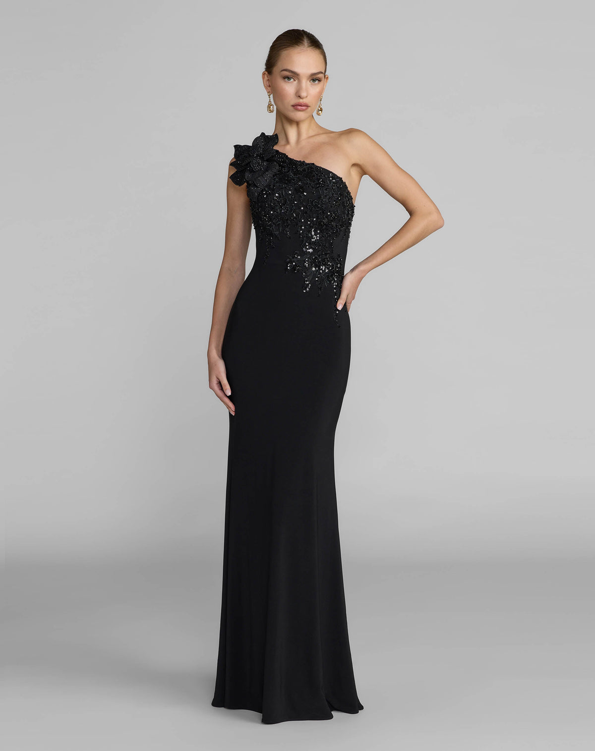 Mac Duggal Black Embroidered Jersey One Shoulder Gown with 3D Flower