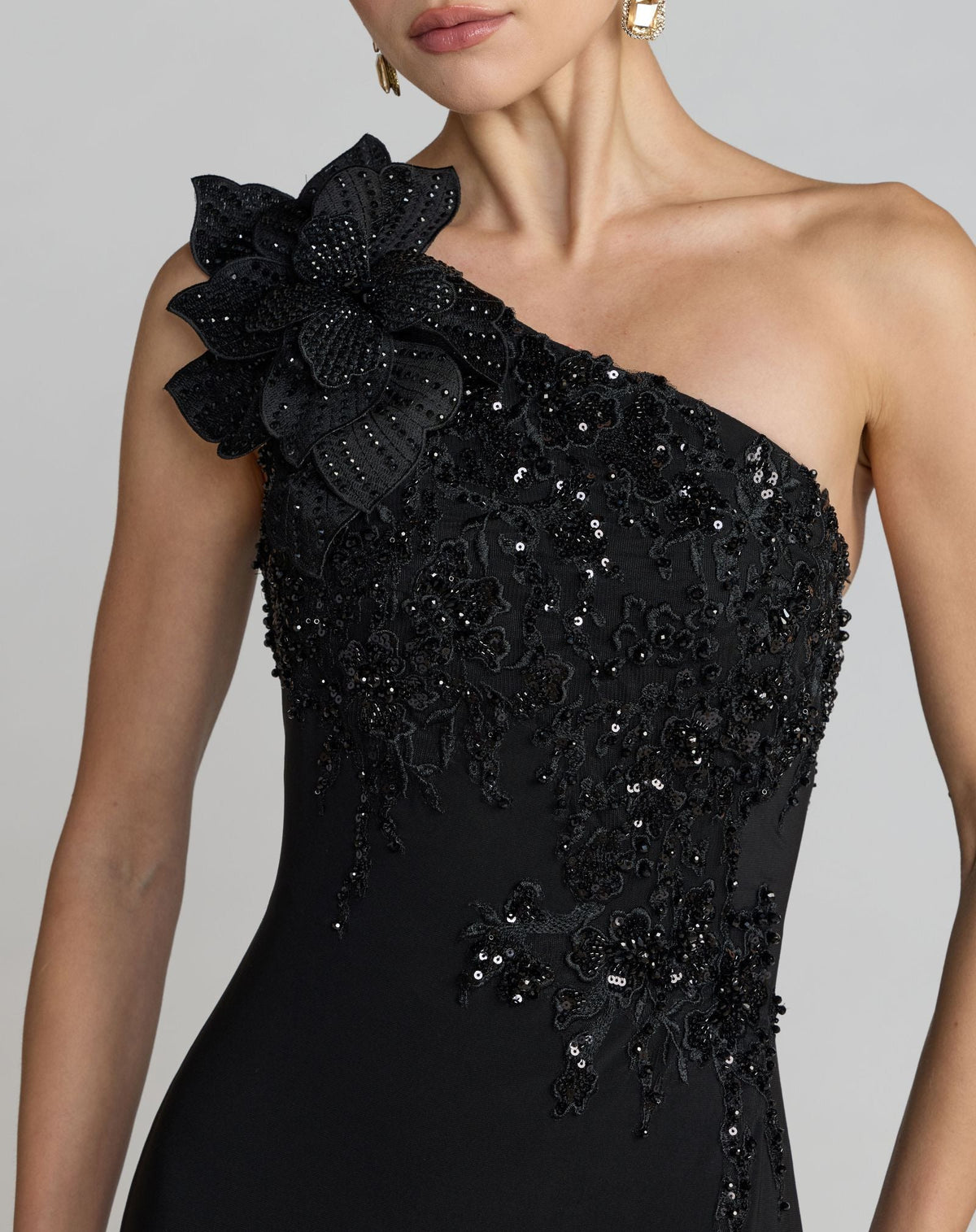 Mac Duggal Black Embroidered Jersey One Shoulder Gown with 3D Flower