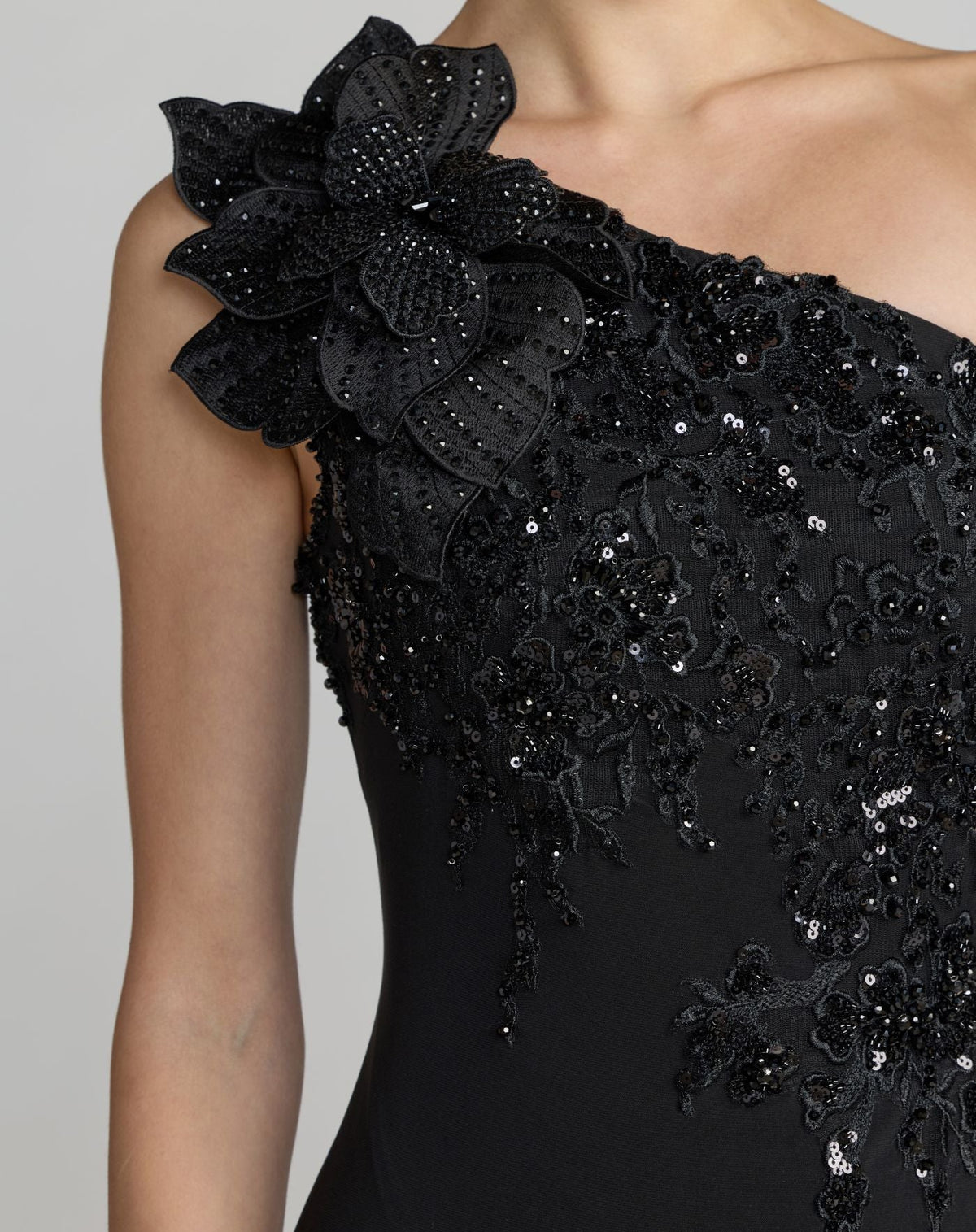 Mac Duggal Black Embroidered Jersey One Shoulder Gown with 3D Flower