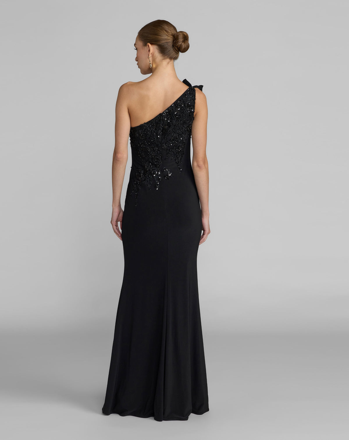 Mac Duggal Black Embroidered Jersey One Shoulder Gown with 3D Flower