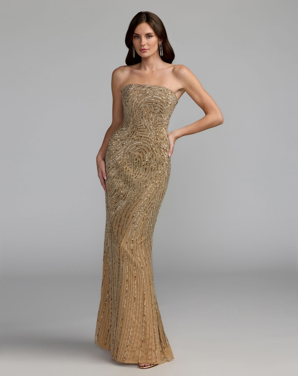 Mac Duggal Gold Embellished Strapless Column Gown