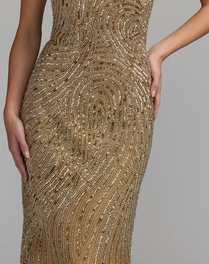 Mac Duggal Gold Embellished Strapless Column Gown