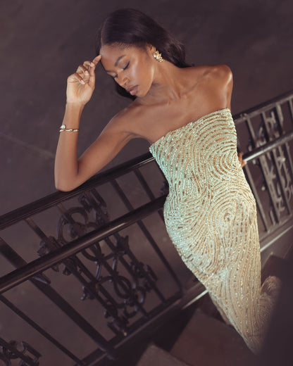Mac Duggal Gold Embellished Strapless Column Gown