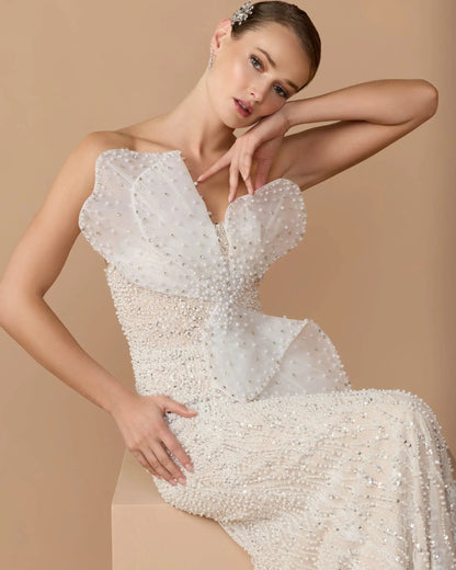 Mac Duggal Ivory Strapless Embellished Column Gown With 3D Petals