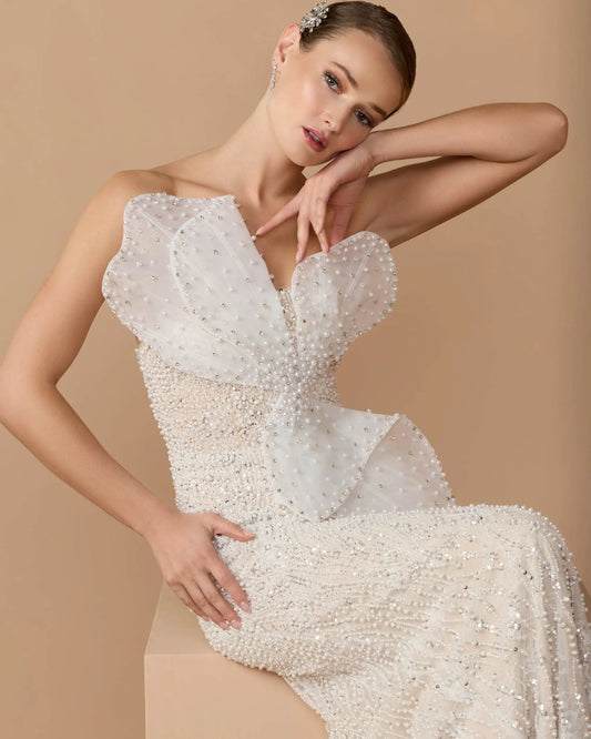 Mac Duggal Ivory Strapless Embellished Column Gown With 3D Petals