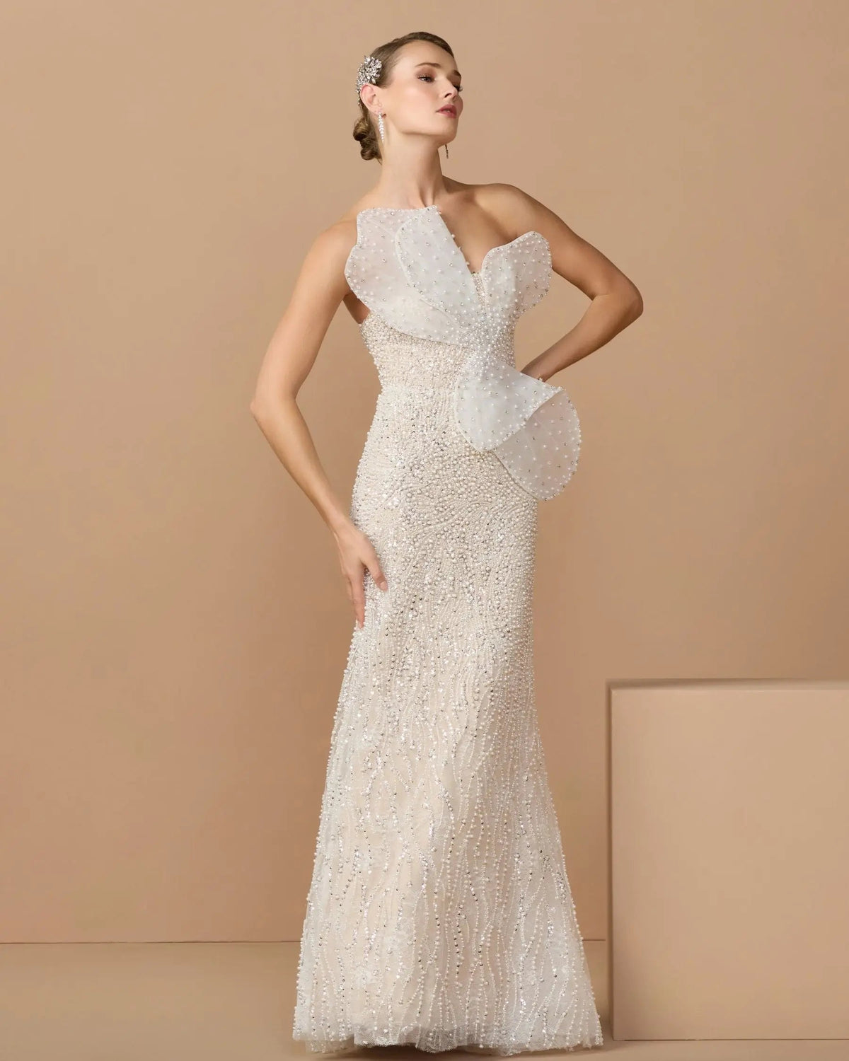 Mac Duggal Ivory Strapless Embellished Column Gown With 3D Petals