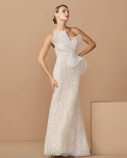 Mac Duggal Ivory Strapless Embellished Column Gown With 3D Petals
