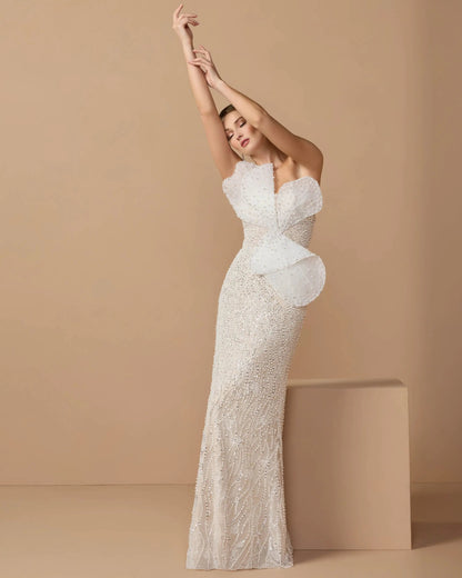 Mac Duggal Ivory Strapless Embellished Column Gown With 3D Petals