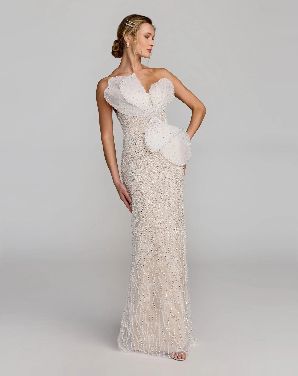 Mac Duggal Ivory Strapless Embellished Column Gown With 3D Petals