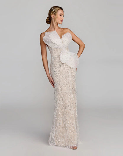 Mac Duggal Ivory Strapless Embellished Column Gown With 3D Petals