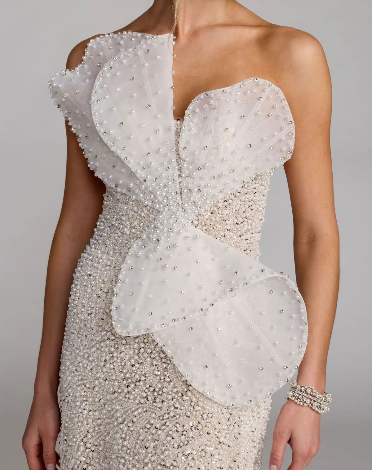 Mac Duggal Ivory Strapless Embellished Column Gown With 3D Petals