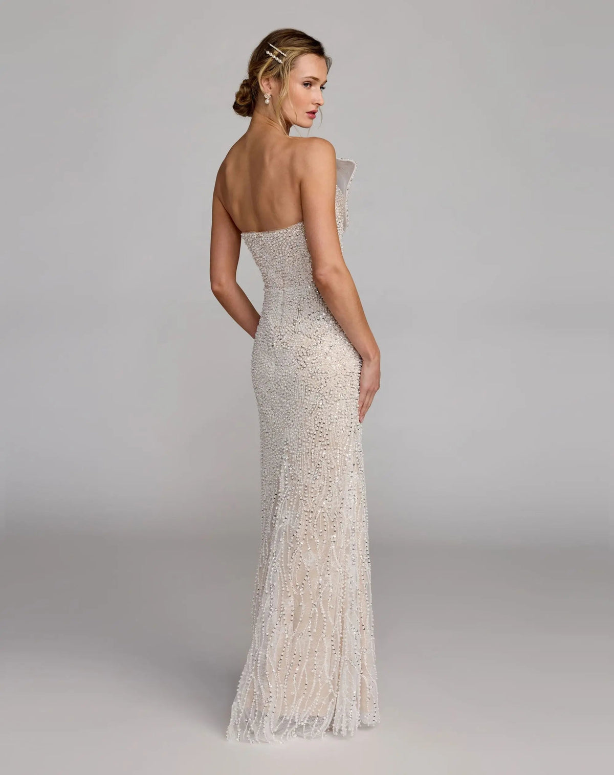 Mac Duggal Ivory Strapless Embellished Column Gown With 3D Petals
