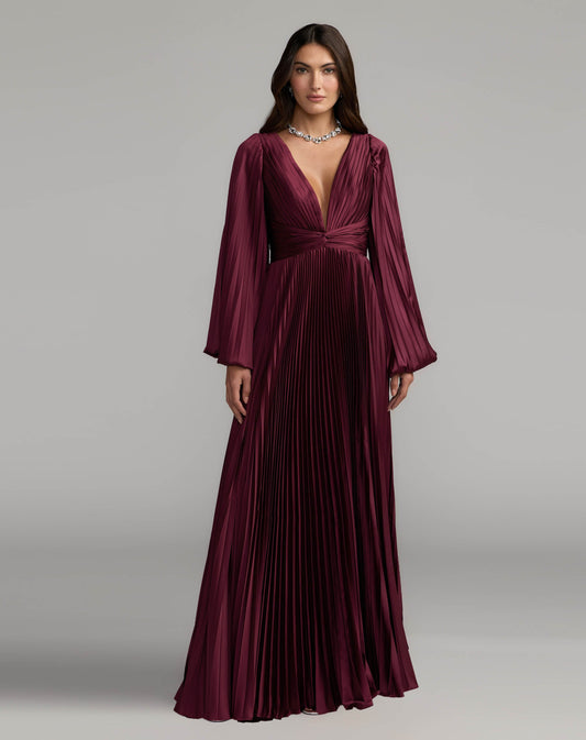 Mac Duggal Deep Purple Pleated Satin Long Sleeve Gown