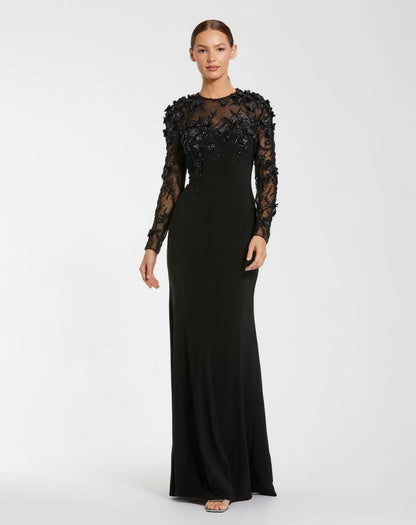Mac Duggal Black Long Sleeve Floral Embellished Column Gown