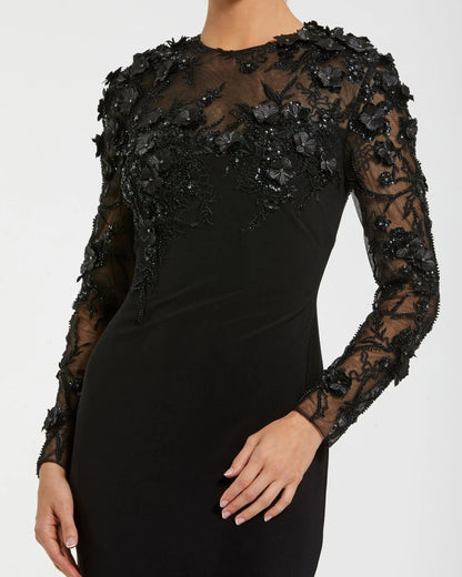 Mac Duggal Black Long Sleeve Floral Embellished Column Gown
