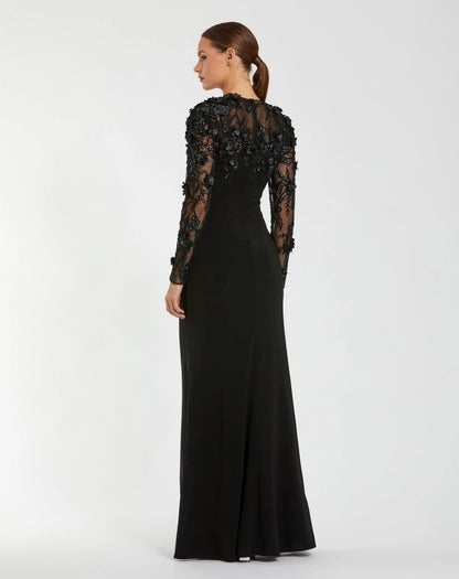 Mac Duggal Black Long Sleeve Floral Embellished Column Gown
