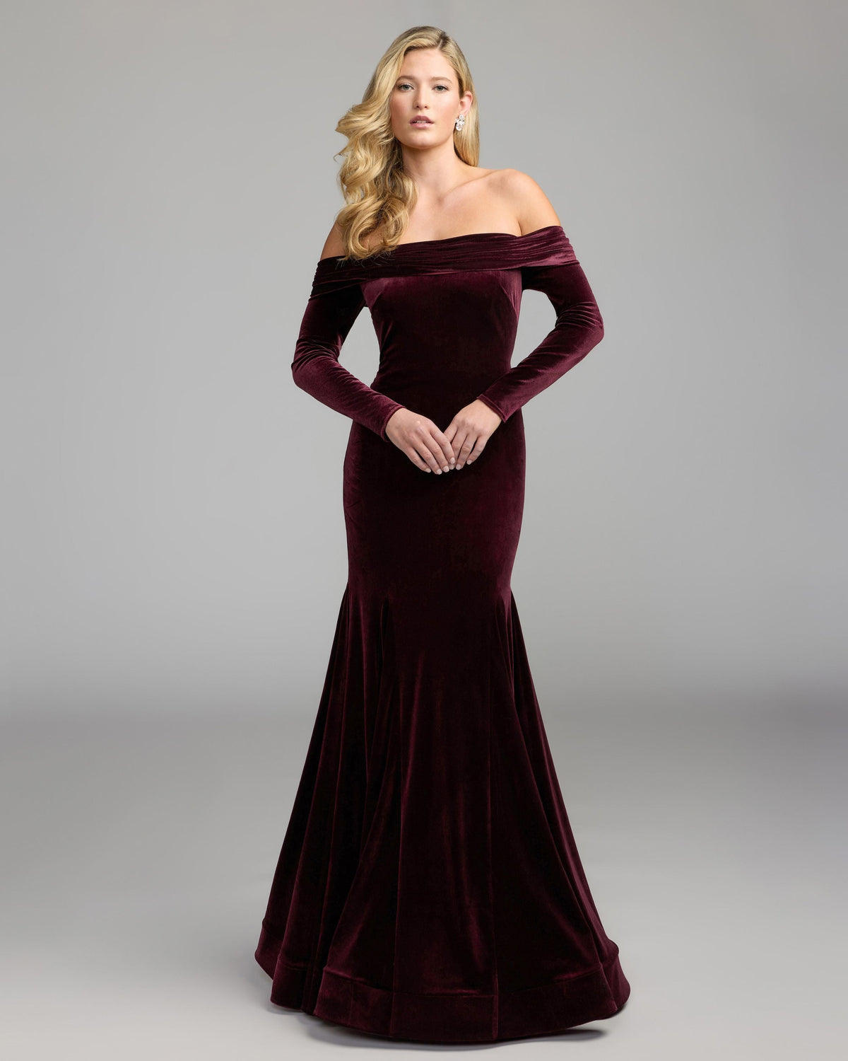 Mac Duggal Burgundy Off The Shoulder Long Sleeve Velvet Mermaid Gown