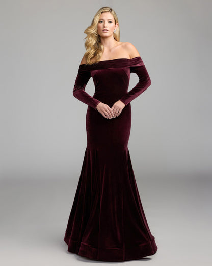 Mac Duggal Burgundy Off The Shoulder Long Sleeve Velvet Mermaid Gown