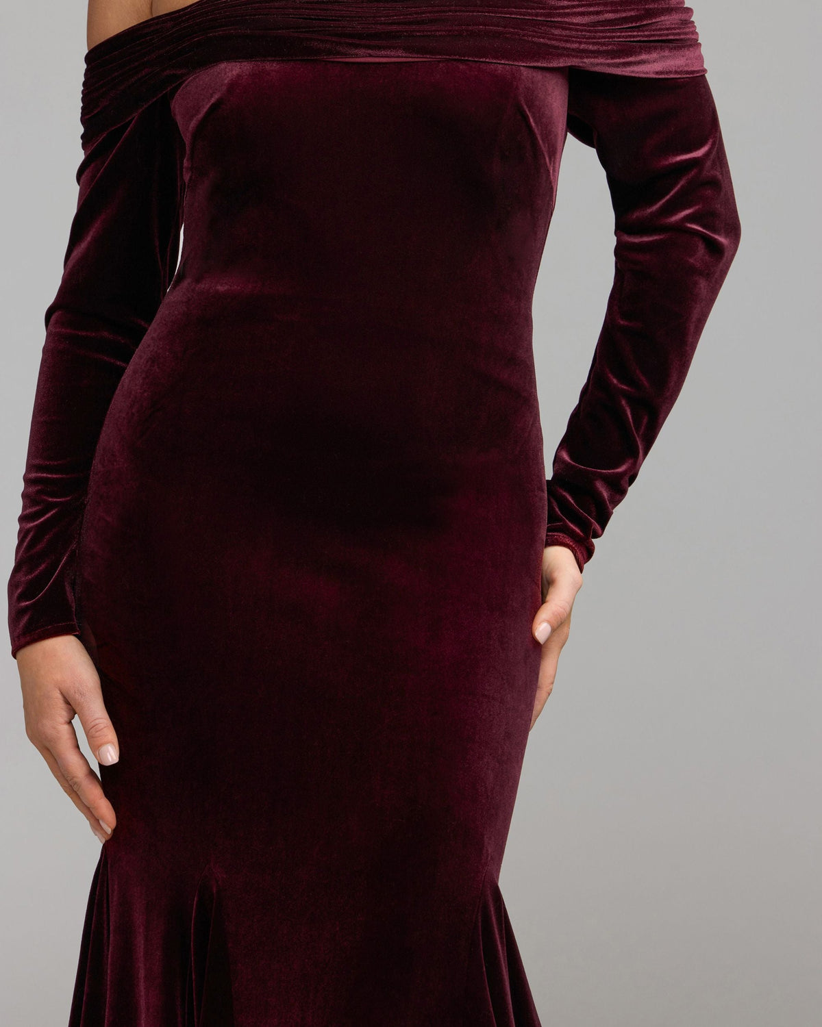 Mac Duggal Burgundy Off The Shoulder Long Sleeve Velvet Mermaid Gown