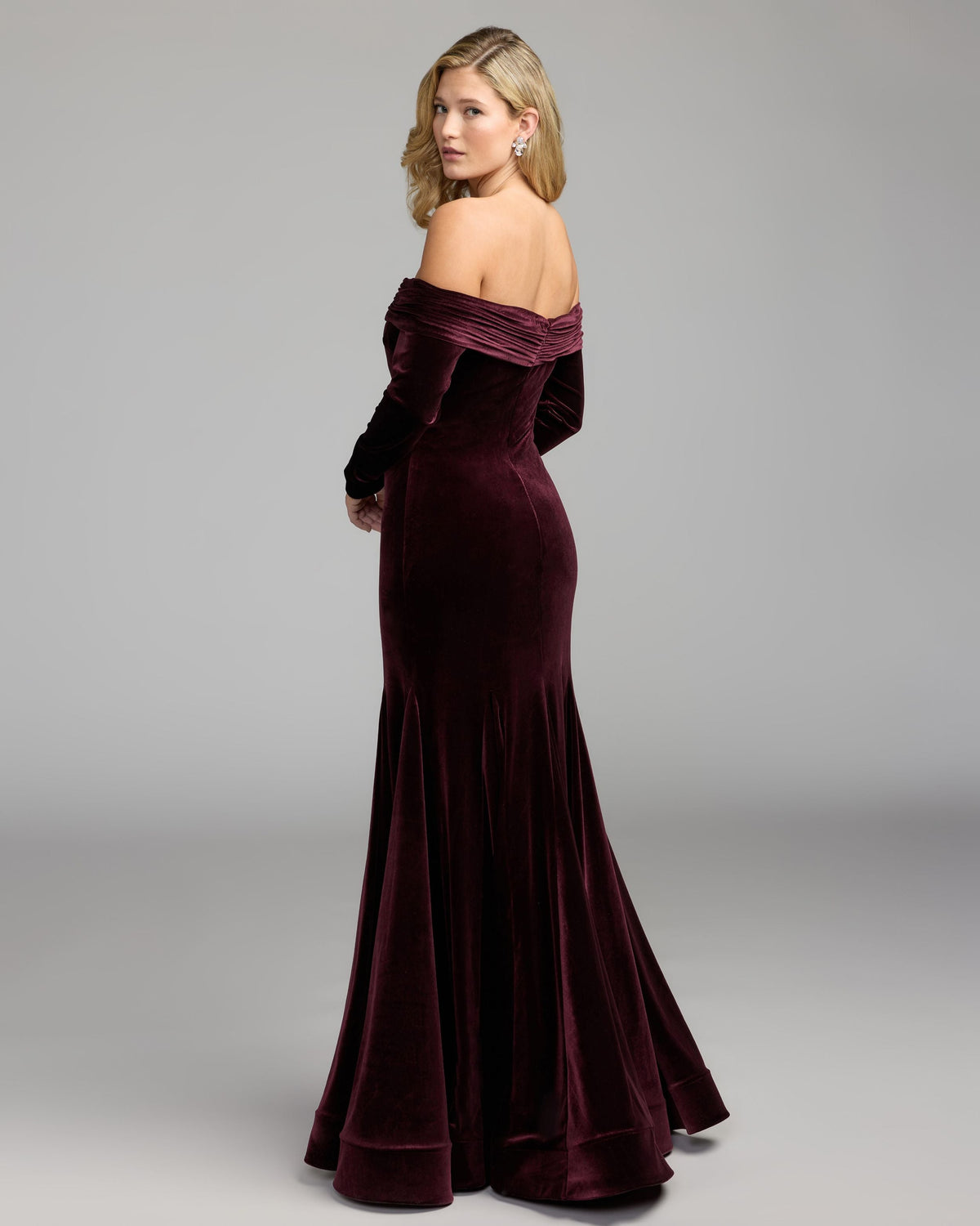 Mac Duggal Burgundy Off The Shoulder Long Sleeve Velvet Mermaid Gown