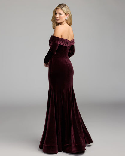 Mac Duggal Burgundy Off The Shoulder Long Sleeve Velvet Mermaid Gown