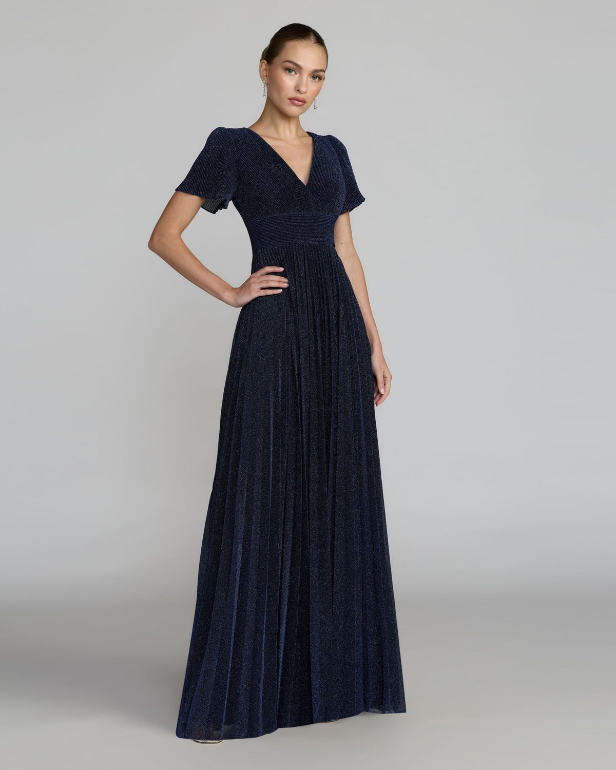 Mac Duggal Petite Navy Pleated Metallic Flutter Sleeve A Line Gown