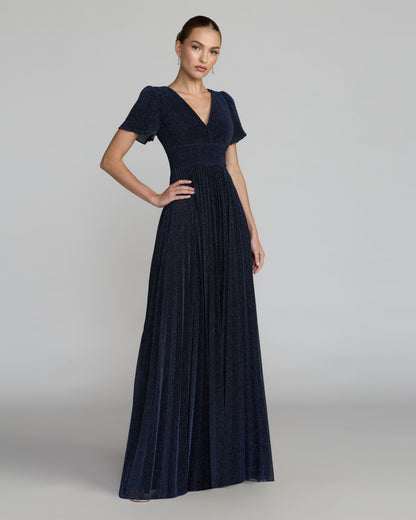 Mac Duggal Petite Navy Pleated Metallic Flutter Sleeve A Line Gown