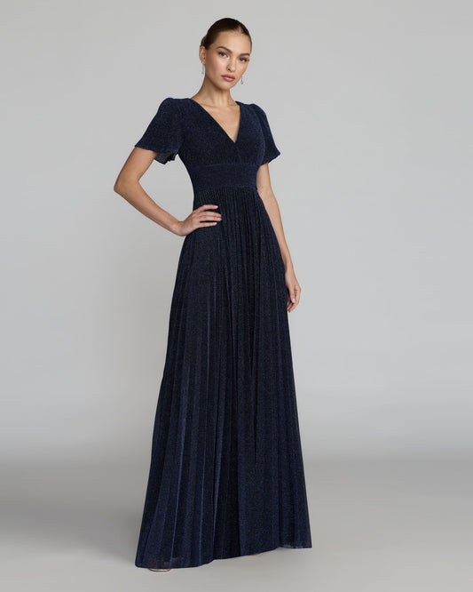 Mac Duggal Petite Navy Pleated Metallic Flutter Sleeve A Line Gown