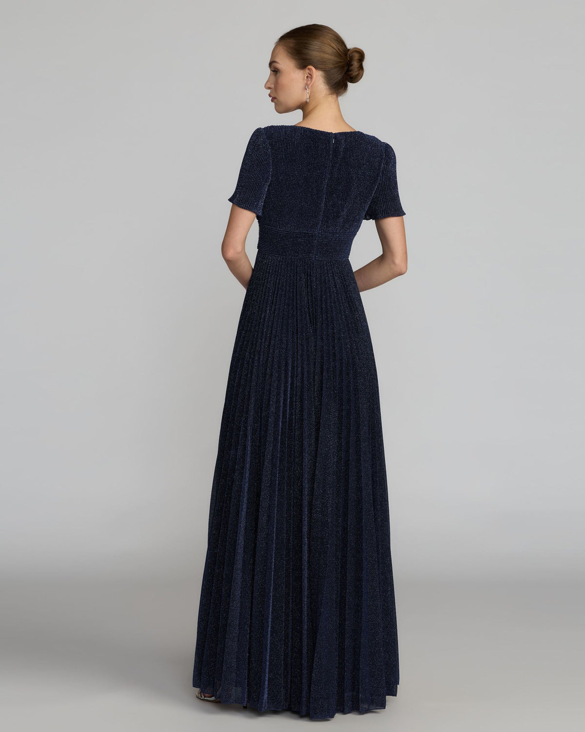 Mac Duggal Petite Navy Pleated Metallic Flutter Sleeve A Line Gown