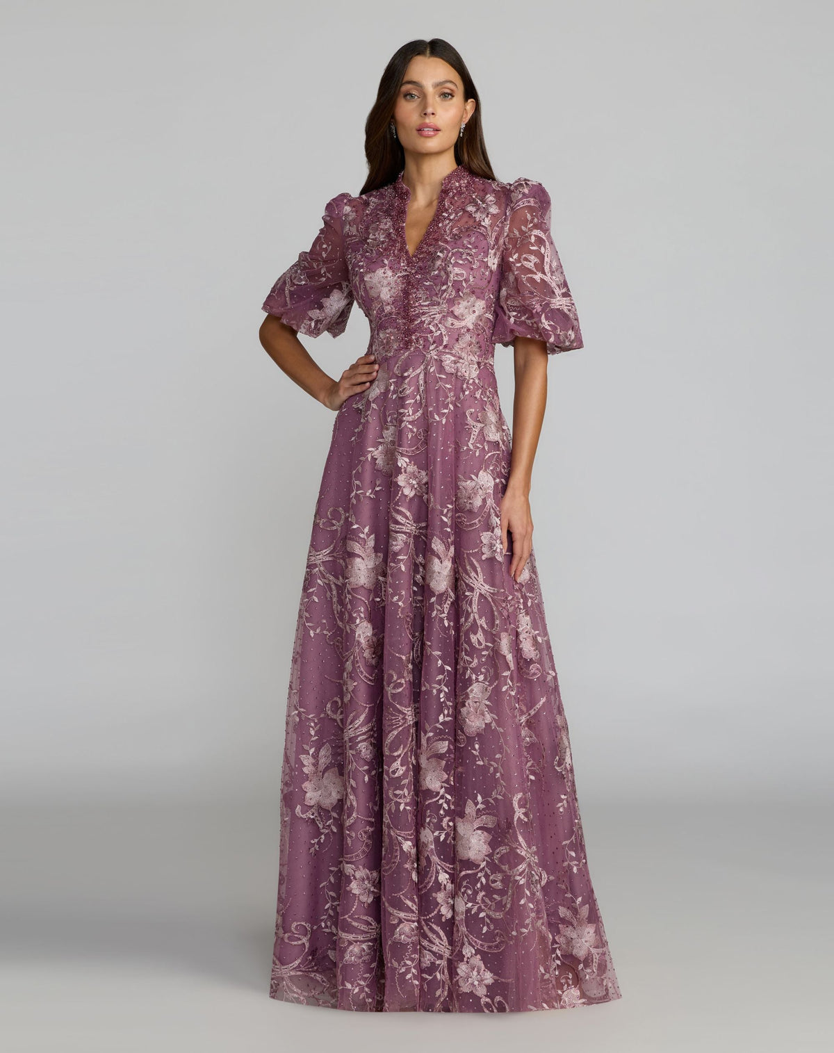 Mac Duggal Petite Purple Queen Anne Puff Sleeve Embroidered A-Line Gown