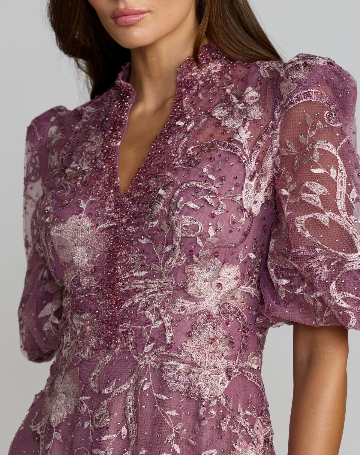Mac Duggal Petite Purple Queen Anne Puff Sleeve Embroidered A-Line Gown