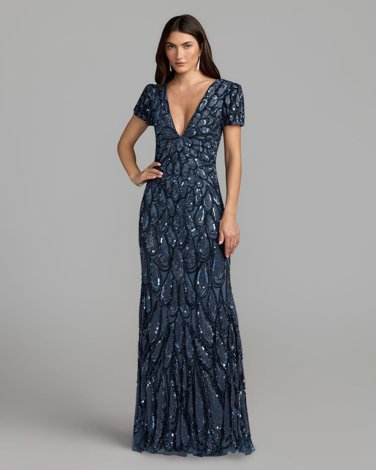 Mac Duggal Navy Blue Embellished Deep V-Neck Column Gown