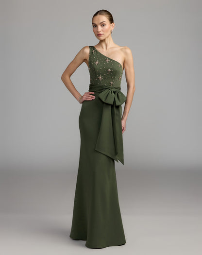 Mac Duggal Forest Green Embellished One Shoulder Crepe Gown With Bow