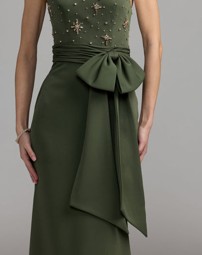 Mac Duggal Forest Green Embellished One Shoulder Crepe Gown With Bow