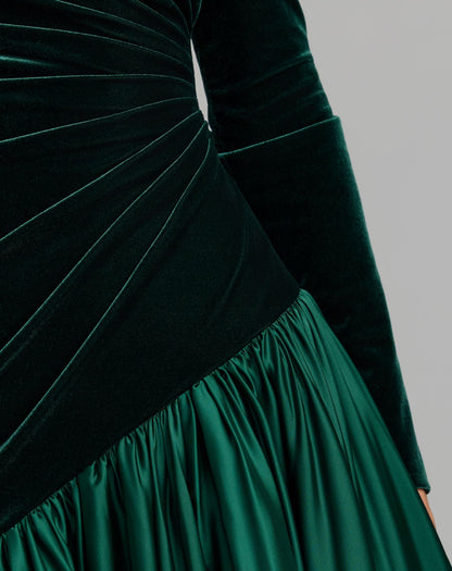 Mac Duggal Velvet Long Sleeve Mock Neck Charmeuse Skirt Gown Duggal