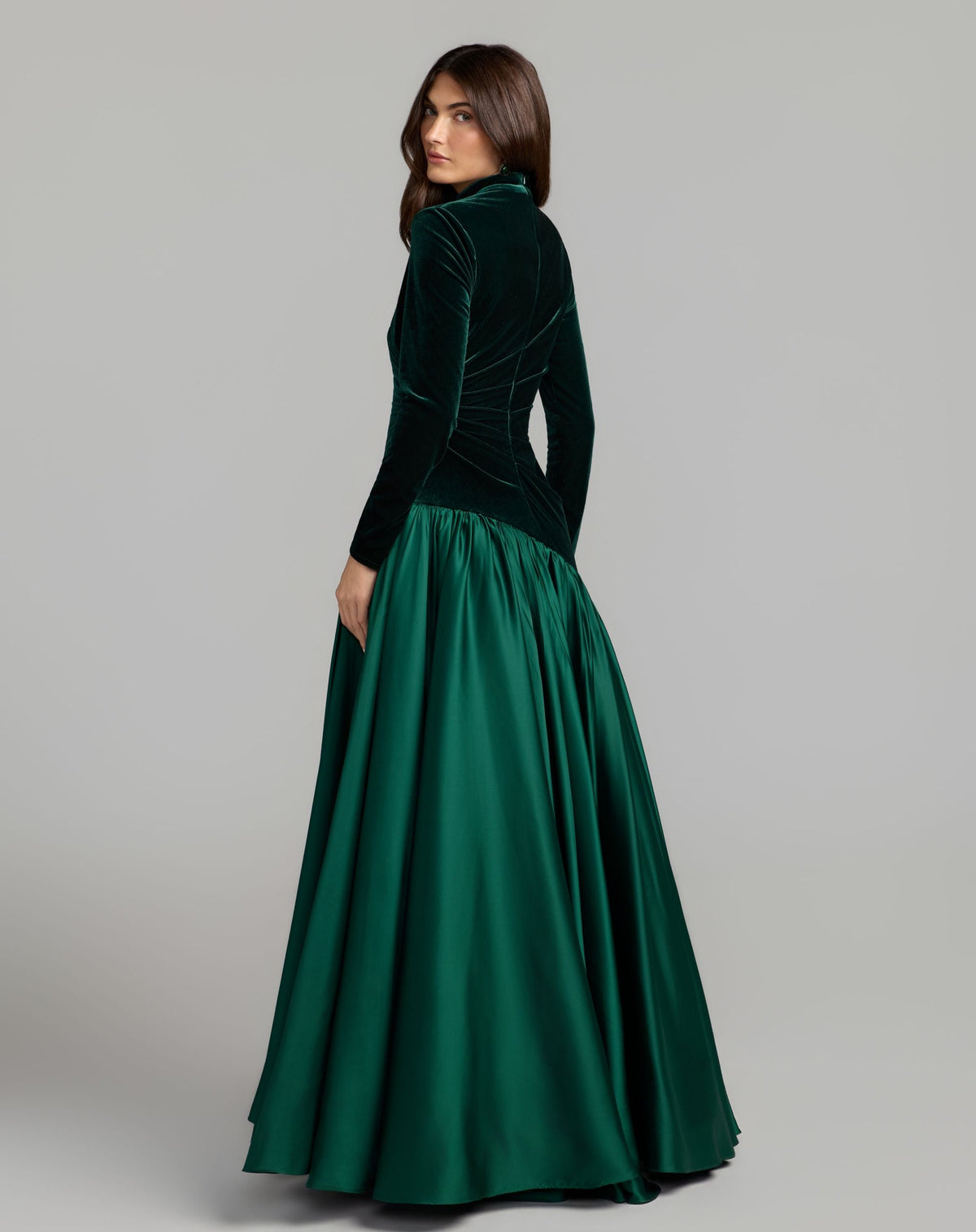 Mac Duggal Velvet Long Sleeve Mock Neck Charmeuse Skirt Gown Duggal